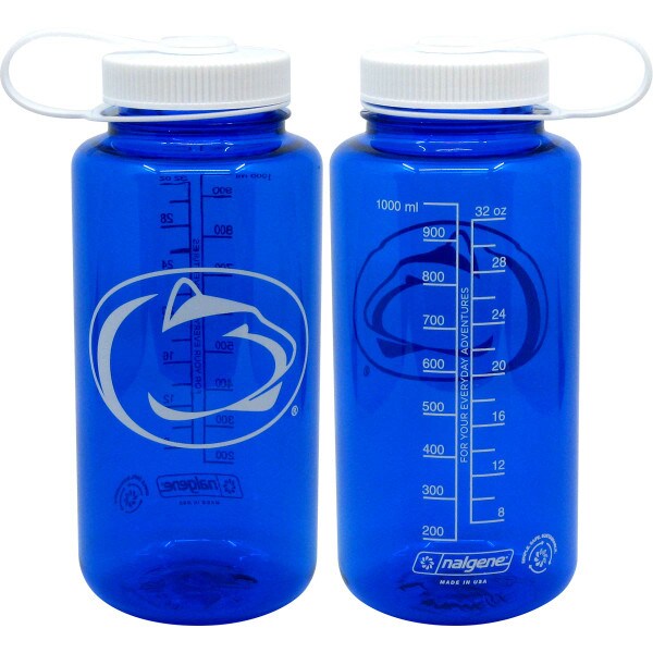 blue 32 oz Nalgene bottle with Penn State Athletic Logo one side, measurements on other